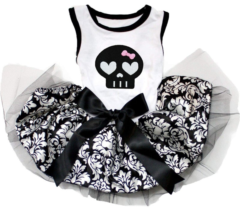 Petitebella Black Skull Face Puppy Dog Dress (White/Damask, Small)